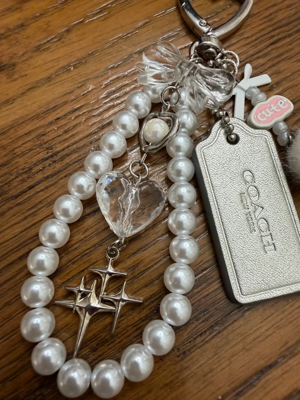 COACH Silver Hang Tag & White Pearl Charm Keychain with Heart, Bows and Pom